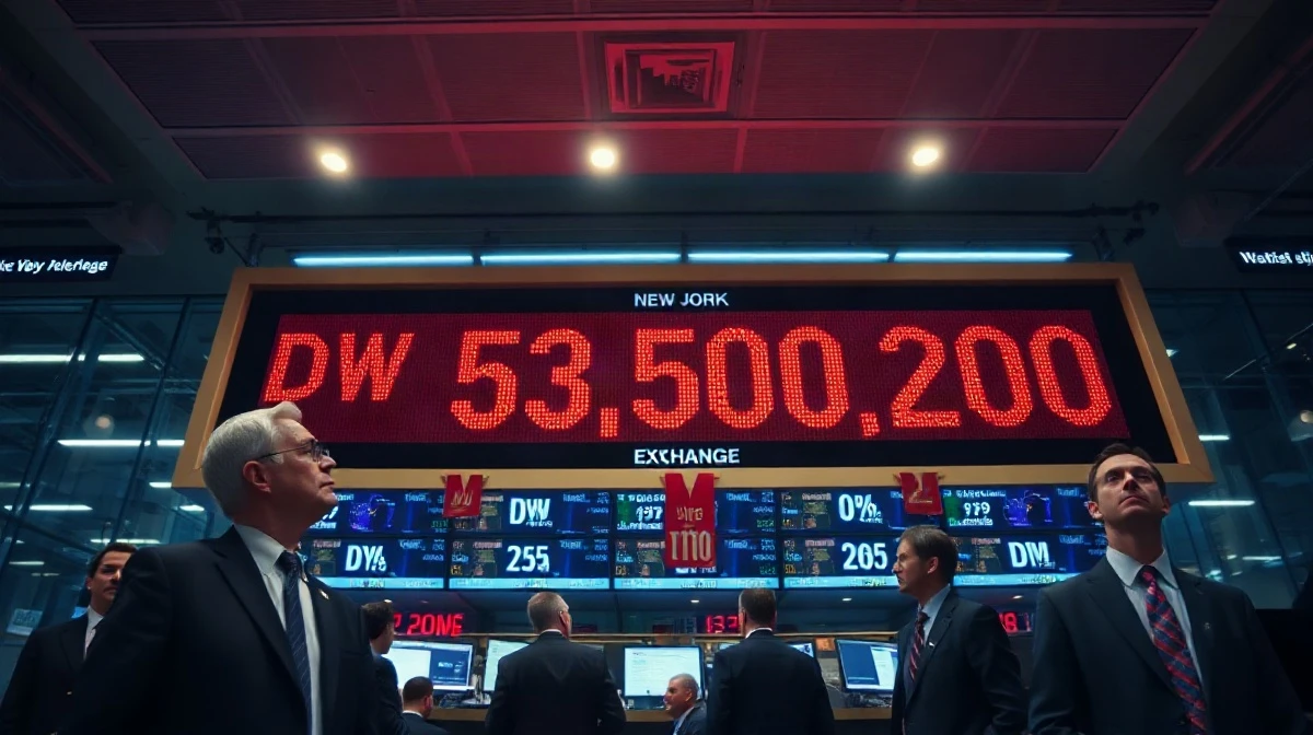 Dow Jones Industrial Average ticker board showing 53,550 down 200 points on the NYSE trading floor