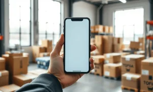 Person holding a smartphone with a live shopping interface in a bright e-commerce warehouse setting
