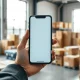 Person holding a smartphone with a live shopping interface in a bright e-commerce warehouse setting