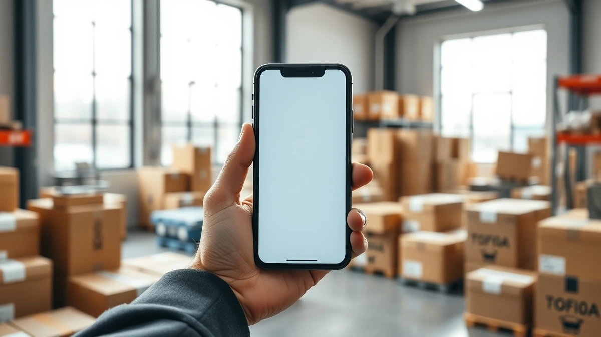 Person holding a smartphone with a live shopping interface in a bright e-commerce warehouse setting