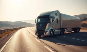 Tesla Semi electric truck driving on a highway, representing Einride's fleet expansion