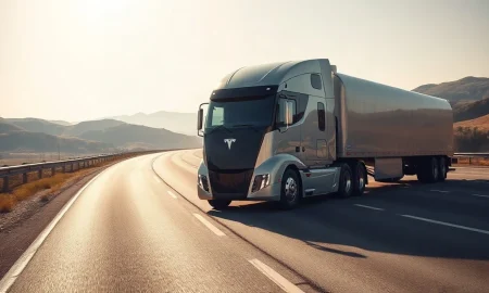 Tesla Semi electric truck driving on a highway, representing Einride's fleet expansion