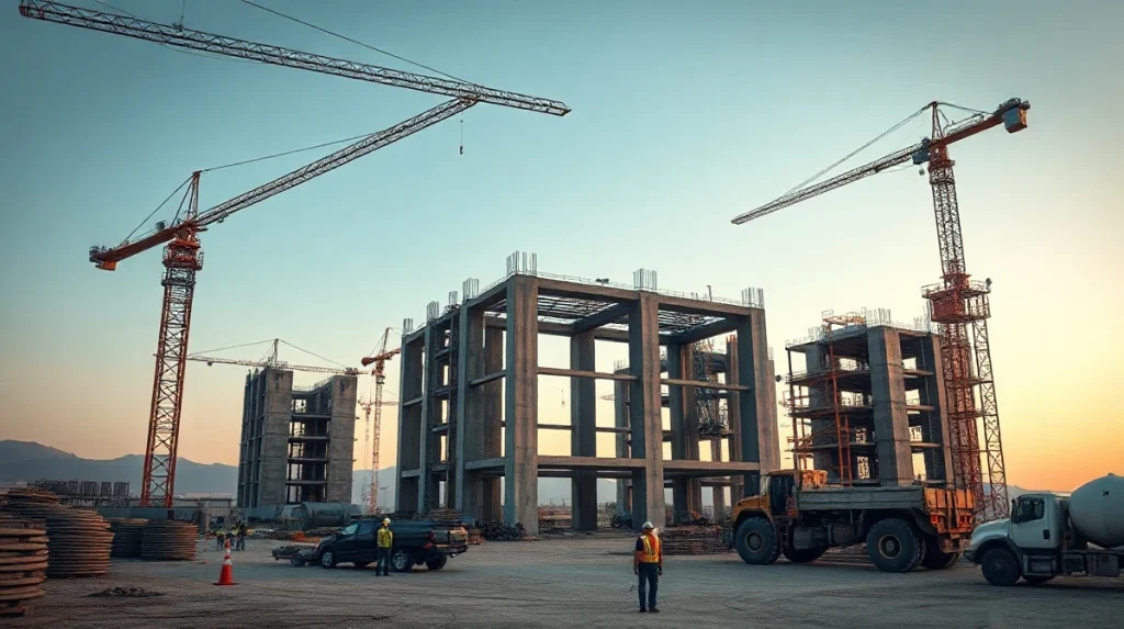 Construction site of a large hyperscale data center with cranes and workers at dusk.