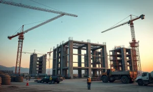 Construction site of a large hyperscale data center with cranes and workers at dusk.