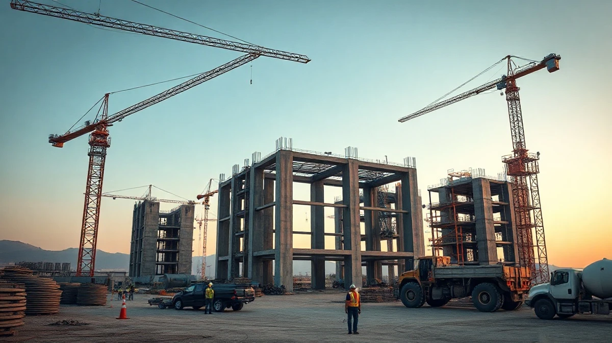 Construction site of a large hyperscale data center with cranes and workers at dusk.