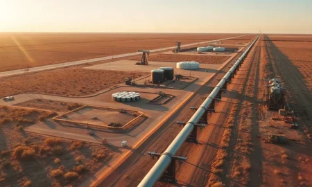 Aerial view of crude oil gathering pipelines and storage tanks in the Permian Basin's Delaware Basin region.
