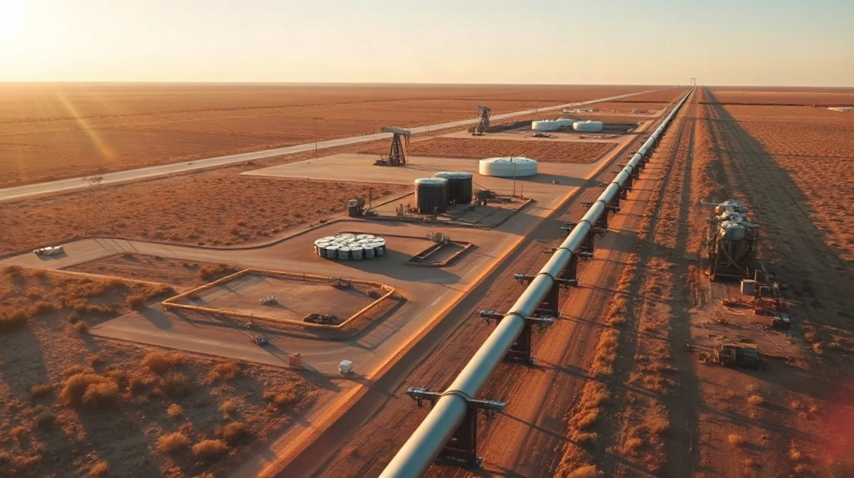 Aerial view of crude oil gathering pipelines and storage tanks in the Permian Basin's Delaware Basin region.