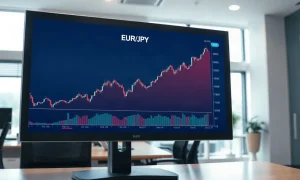 EUR/JPY currency chart showing an upward trend on a trading screen