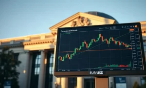 EUR/USD trading chart on a monitor in front of the European Central Bank building in Frankfurt
