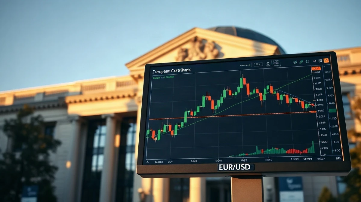 EUR/USD trading chart on a monitor in front of the European Central Bank building in Frankfurt