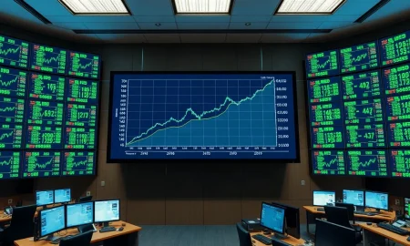 Trading floor display showing EUR/USD exchange rate chart with upward trend