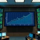 Trading floor display showing EUR/USD exchange rate chart with upward trend