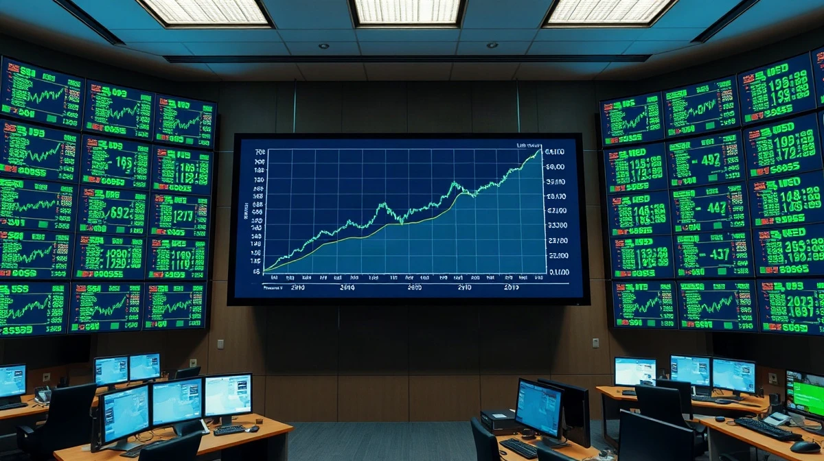 Trading floor display showing EUR/USD exchange rate chart with upward trend