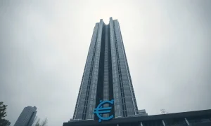 European Central Bank headquarters in Frankfurt, Germany, on a cloudy day.