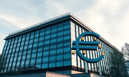 European Central Bank headquarters in Frankfurt on a clear morning, symbolizing Euro strength against the US Dollar.
