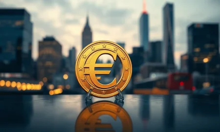Euro coin symbolizing currency strength in front of a financial district skyline