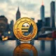 Euro coin symbolizing currency strength in front of a financial district skyline