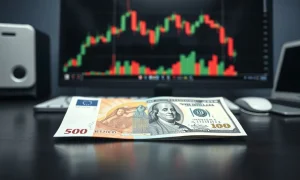 Euro and US Dollar banknotes on a desk with a trading chart in the background