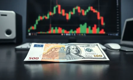 Euro and US Dollar banknotes on a desk with a trading chart in the background