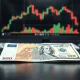 Euro and US Dollar banknotes on a desk with a trading chart in the background
