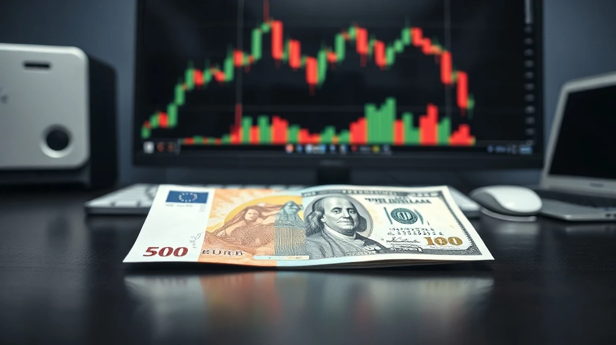 Euro and US Dollar banknotes on a desk with a trading chart in the background
