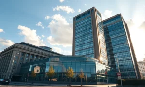 European Central Bank headquarters in Frankfurt under clear afternoon sky