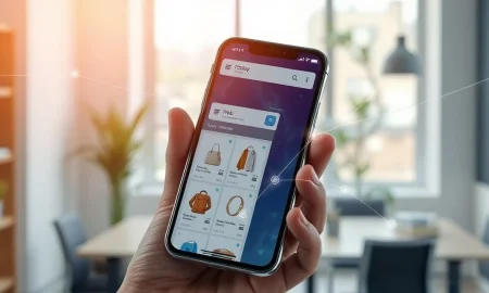 Hand holding smartphone with e-commerce storefront and AI data streams visualizing real-time shopper intent prediction