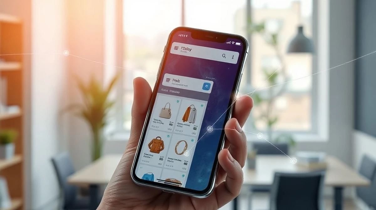 Hand holding smartphone with e-commerce storefront and AI data streams visualizing real-time shopper intent prediction
