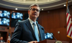 FCC Chairman Brendan Carr speaks at a podium in a hearing room