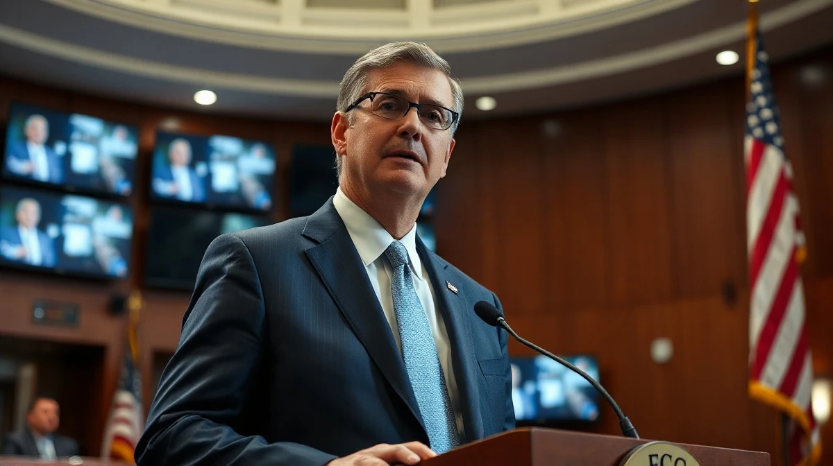 FCC Chairman Brendan Carr speaks at a podium in a hearing room