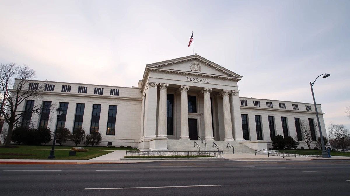 Federal Reserve building in Washington, D.C. on a cloudy day