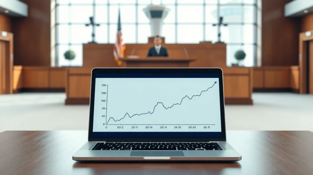 Courtroom scene with laptop showing flight cancellation graph, symbolizing FlightAware's lawsuit against Kalshi