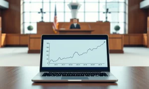 Courtroom scene with laptop showing flight cancellation graph, symbolizing FlightAware's lawsuit against Kalshi