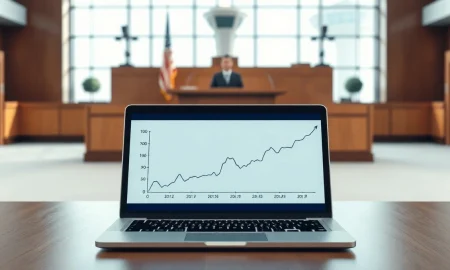 Courtroom scene with laptop showing flight cancellation graph, symbolizing FlightAware's lawsuit against Kalshi