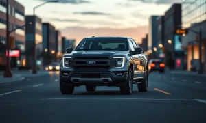 Ford Fathom compact electric pickup truck parked on a city street at dusk
