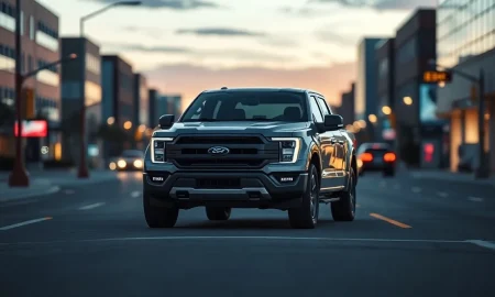 Ford Fathom compact electric pickup truck parked on a city street at dusk