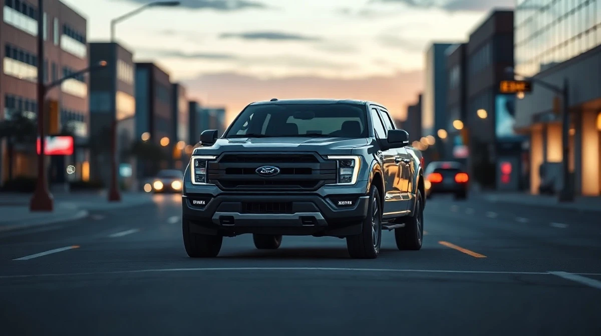 Ford Fathom compact electric pickup truck parked on a city street at dusk