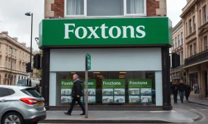 Foxtons estate agency storefront in London on a cloudy day, with property listings visible in the window.