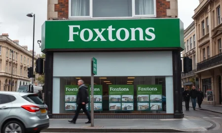 Foxtons estate agency storefront in London on a cloudy day, with property listings visible in the window.