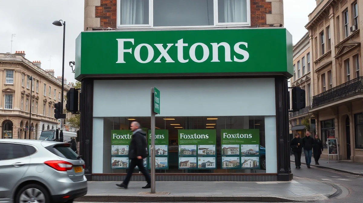 Foxtons estate agency storefront in London on a cloudy day, with property listings visible in the window.