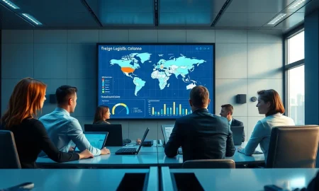 Freightos digital freight platform control room with logistics professionals monitoring global cargo operations on a large screen.