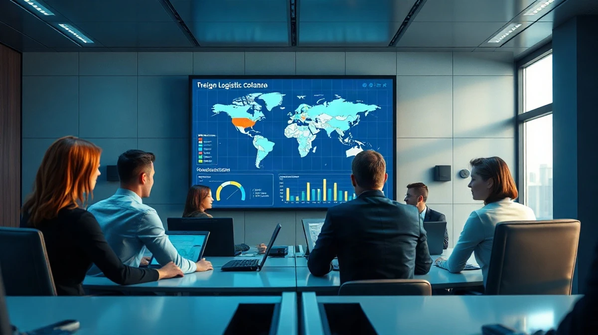 Freightos digital freight platform control room with logistics professionals monitoring global cargo operations on a large screen.