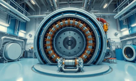 Interior of a fusion reactor facility with a tokamak device and magnetic coils