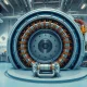 Interior of a fusion reactor facility with a tokamak device and magnetic coils