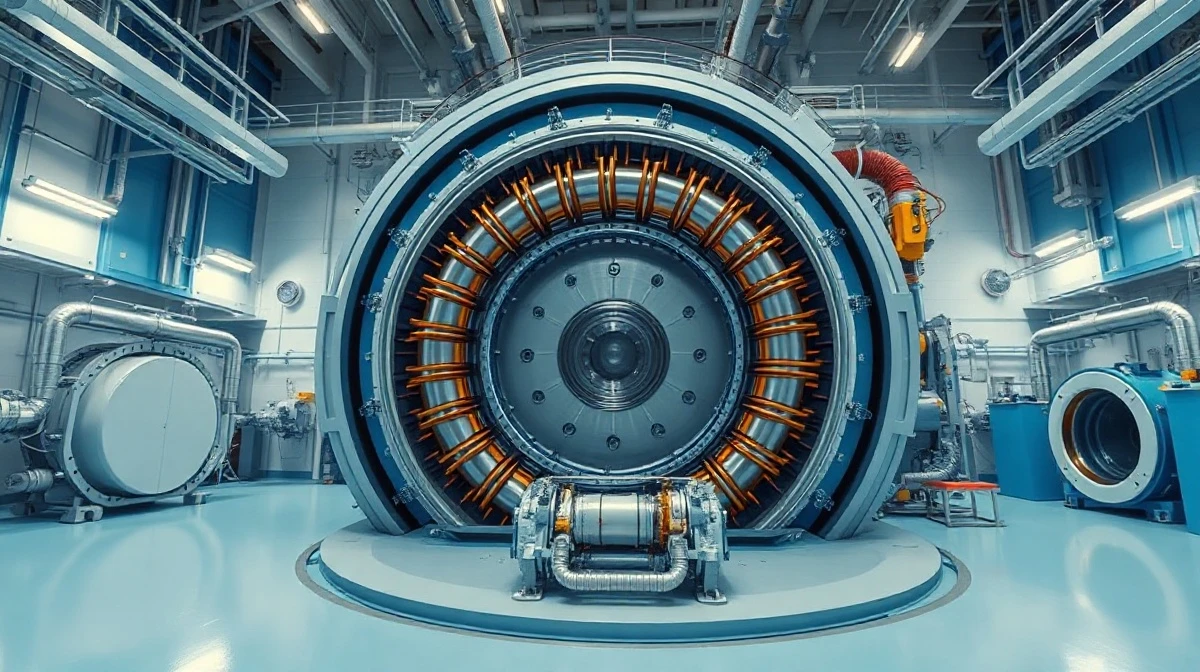 Interior of a fusion reactor facility with a tokamak device and magnetic coils