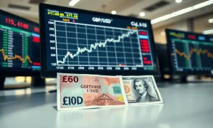 Close-up of GBP/USD trading chart with British Pound and US Dollar banknotes on a desk