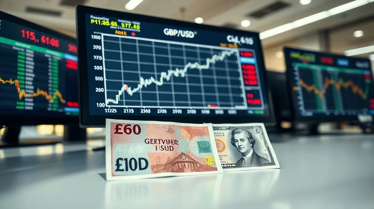 Close-up of GBP/USD trading chart with British Pound and US Dollar banknotes on a desk