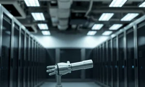 A humanoid robot arm in a modern AI research lab with compute servers in the background