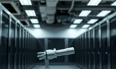 A humanoid robot arm in a modern AI research lab with compute servers in the background