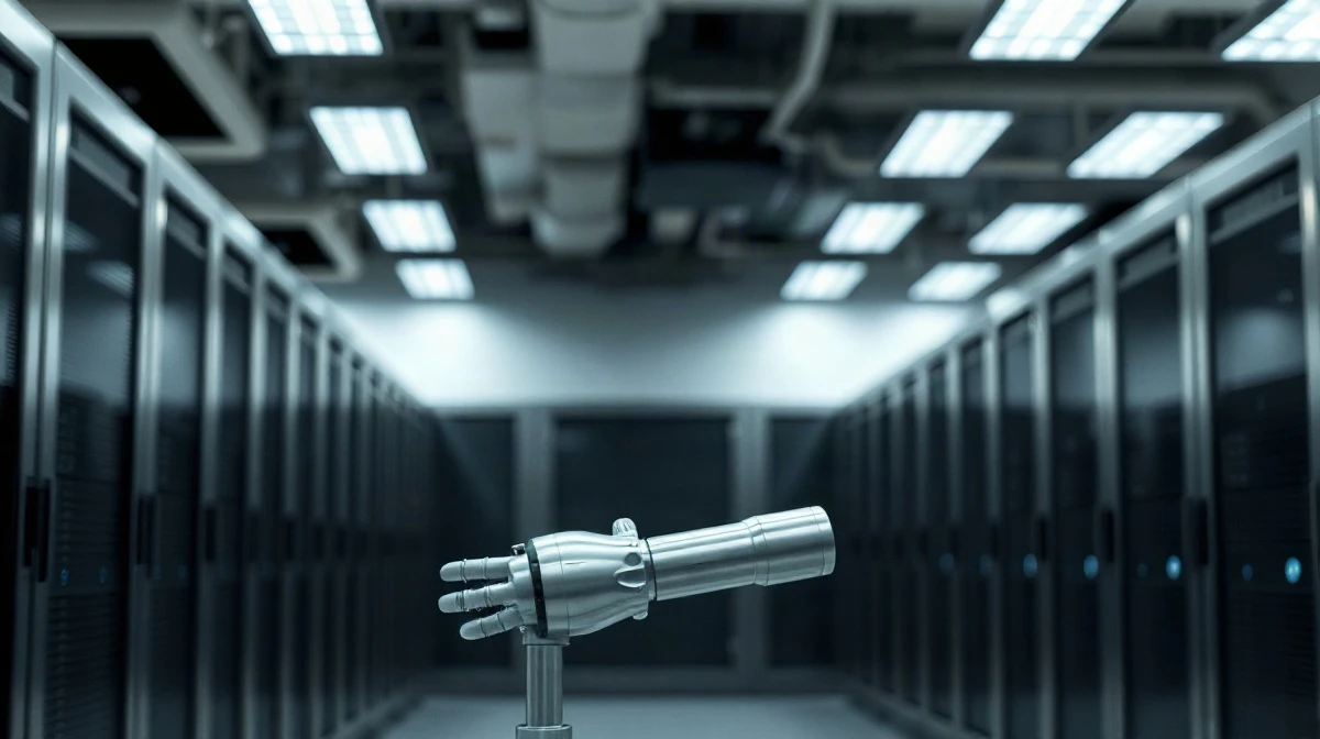A humanoid robot arm in a modern AI research lab with compute servers in the background